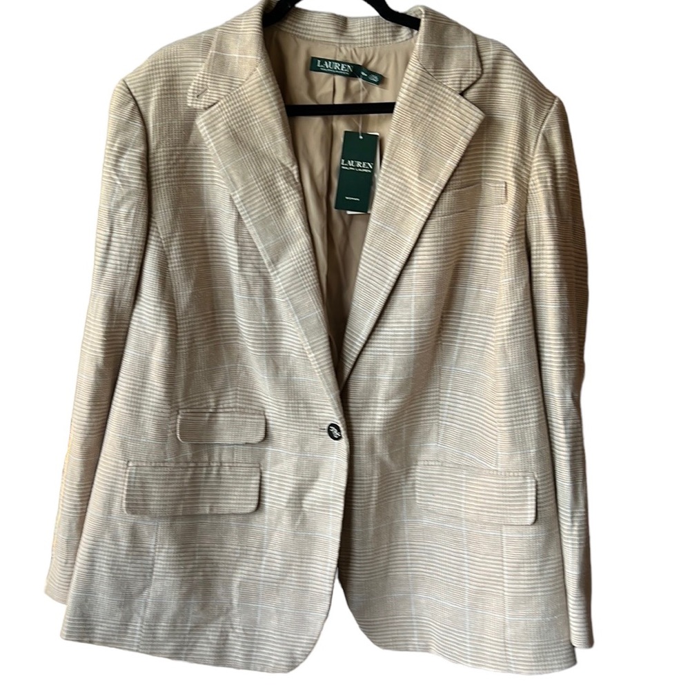Lauren Ralph Lauren Plaid Taupe-Beige Single-Button Blazer